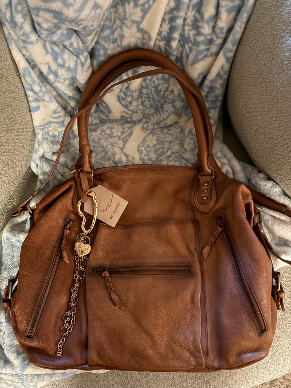 We The Free Brown Leather Tote with Charm